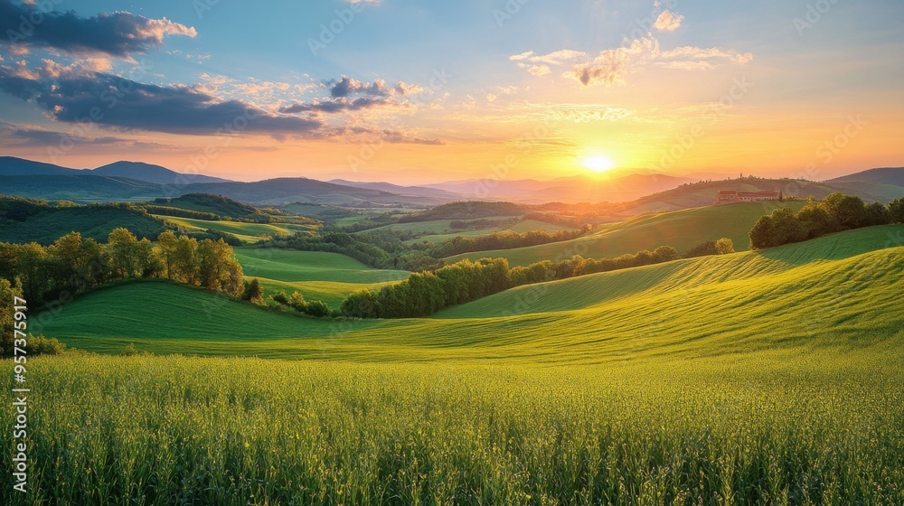 Fototapeta premium Scenic countryside with rolling hills and a sunset