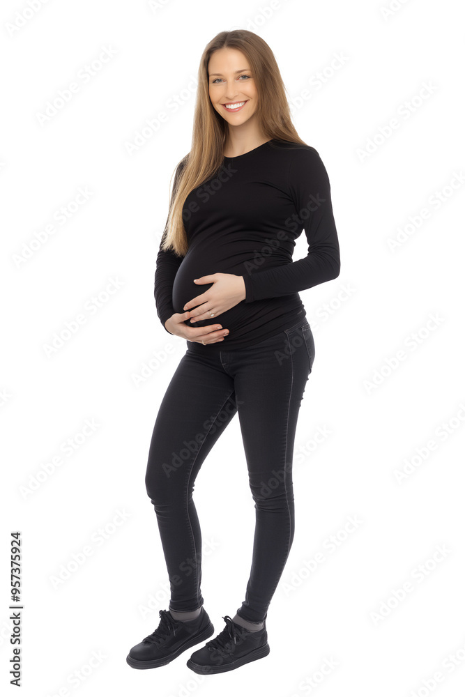 Full body view of young Caucasian pregnant woman dressed in black, isolated on png transparent background Full body view of young Caucasian pregnant woman dressed in black, isolated on png transparent background