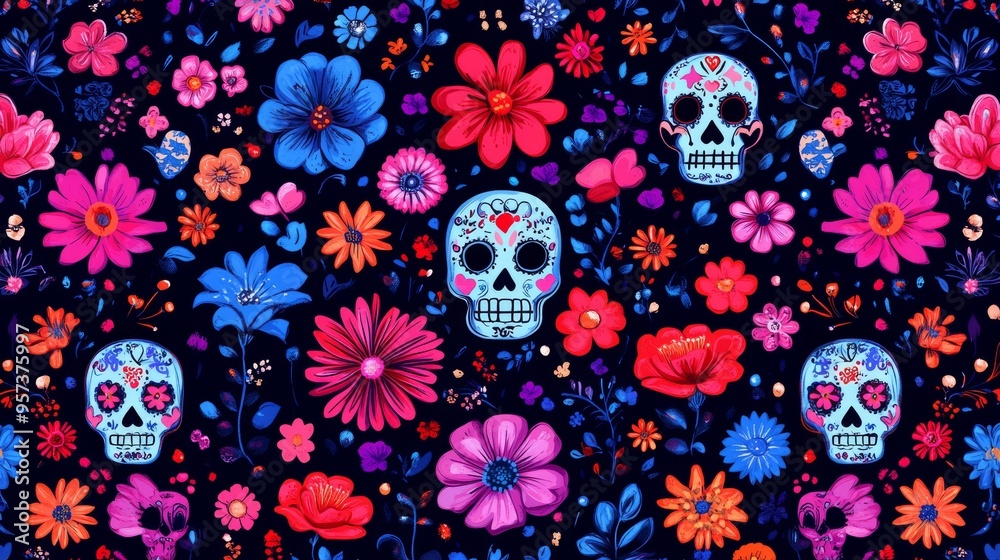 Dia de los Muertos. Mexican sugar skull with letters and ornate decorations. Background graphic. Banner. Card. Pattern. Day Of The Dead. Dia de los Muertos. Mexican sugar skull with letters and ornate decorations. Background graphic. Banner. Card. Pattern. Day Of The Dead.