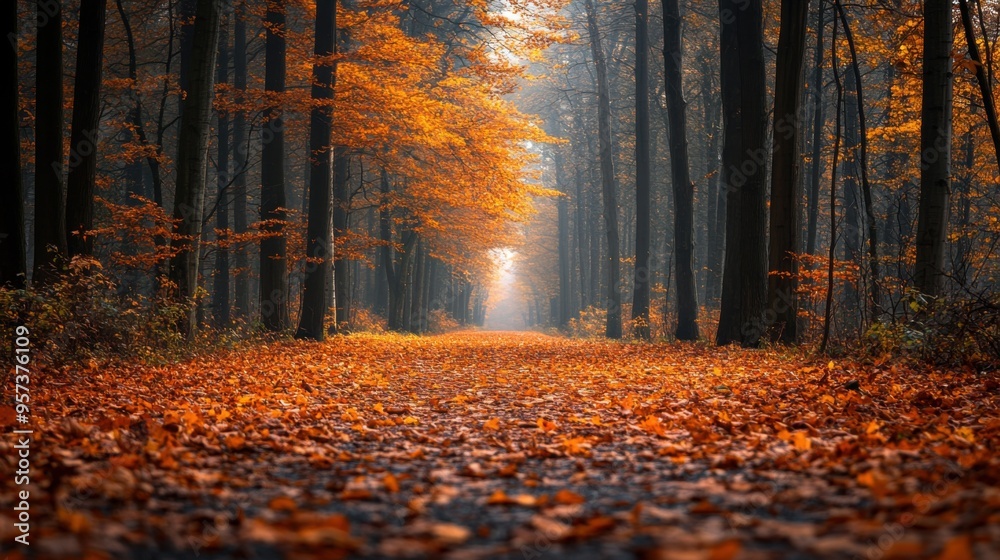 Fototapeta premium Scenic forest path in autumn with fallen leaves