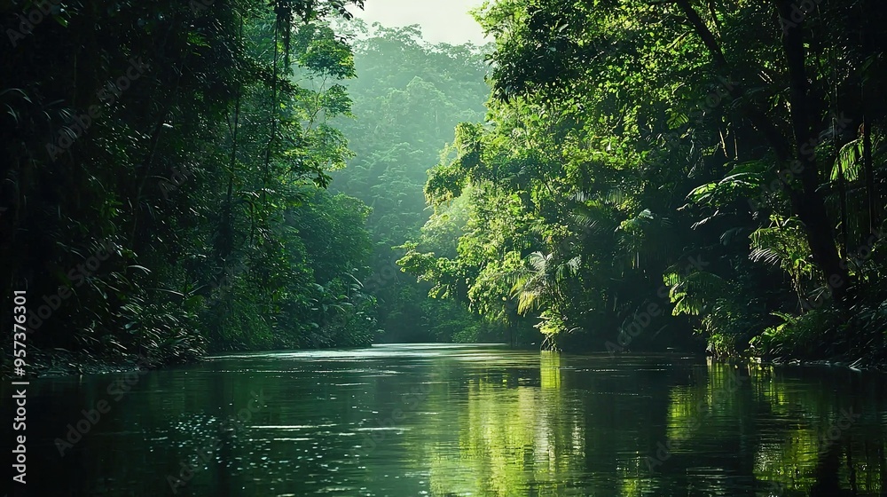 A river runs through a dense forest, surrounded by lush foliage on either bank A river runs through a dense forest, surrounded by lush foliage on either bank