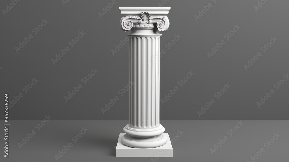 A white, isolated, classical, Greek, Roman, Doric, ionic, corinthian, fluted column, pillar, pedestal, base, capital, acanthus, scroll, ornate, ornate, with a square base and a simple gray background. A white, isolated, classical, Greek, Roman, Doric, ionic, corinthian, fluted column, pillar, pedestal, base, capital, acanthus, scroll, ornate, ornate, with a square base and a simple gray background.