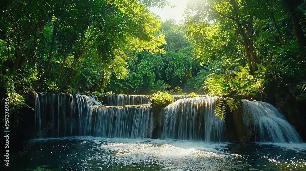 In a dense forest, there's a tiny waterfall surrounded by numerous trees and lush greenery on both sides In a dense forest, there's a tiny waterfall surrounded by numerous trees and lush greenery on both sides