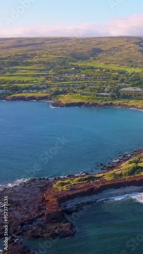 A flyover aerial of Manele Point on the Hawaii island of Lanai. photo