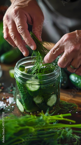 Closeup of нand placing dill into a jar of cucumbers for homemade pickling