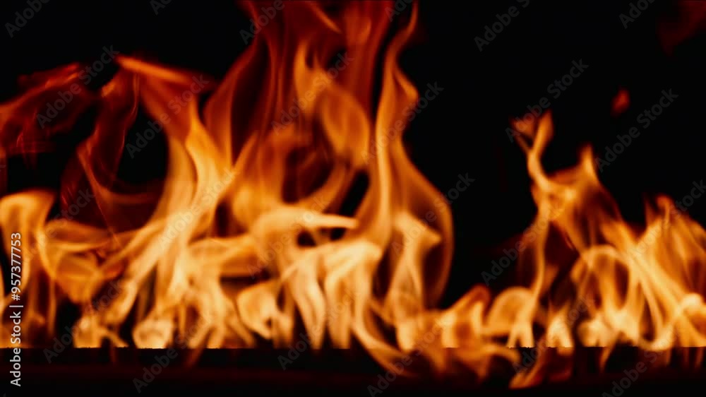Beautiful dancing fire, the surface is ablaze. Close-up immersion in the flames. The camera passes through the fire. Burning tongues of flame on a black backdrop in slow motion. Beautiful dancing fire, the surface is ablaze. Close-up immersion in the flames. The camera passes through the fire. Burning tongues of flame on a black backdrop in slow motion.