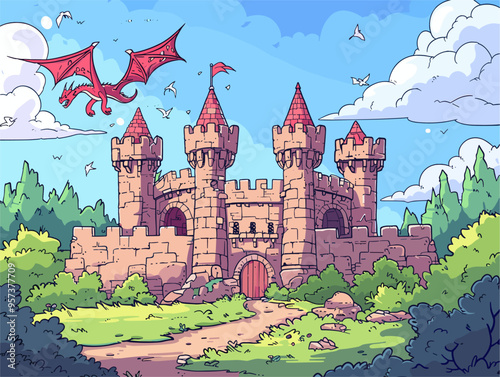 Mythical Dragon Soaring over a Medieval Fortress: A Symbol of Fantasy, Bravery, and Ancient Battles