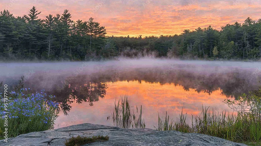 A body of water bordered by trees, foggy sky, and blue flowers in the foreground A body of water bordered by trees, foggy sky, and blue flowers in the foreground