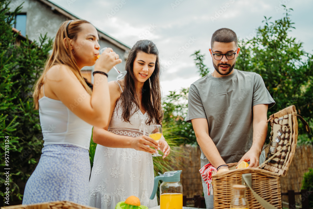 Group of three friends or family having picnic in backyard or garden Group of three friends or family having picnic in backyard or garden