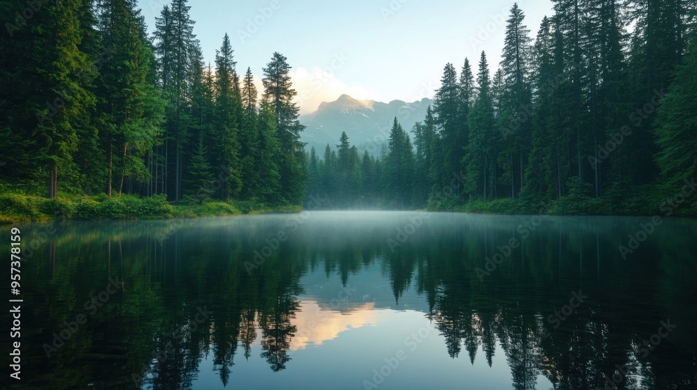 Fototapeta premium Serene lake surrounded by tall trees