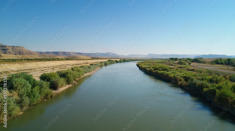 A lush green field with a river running through it and a mountain range in the background A lush green field with a river running through it and a mountain range in the background