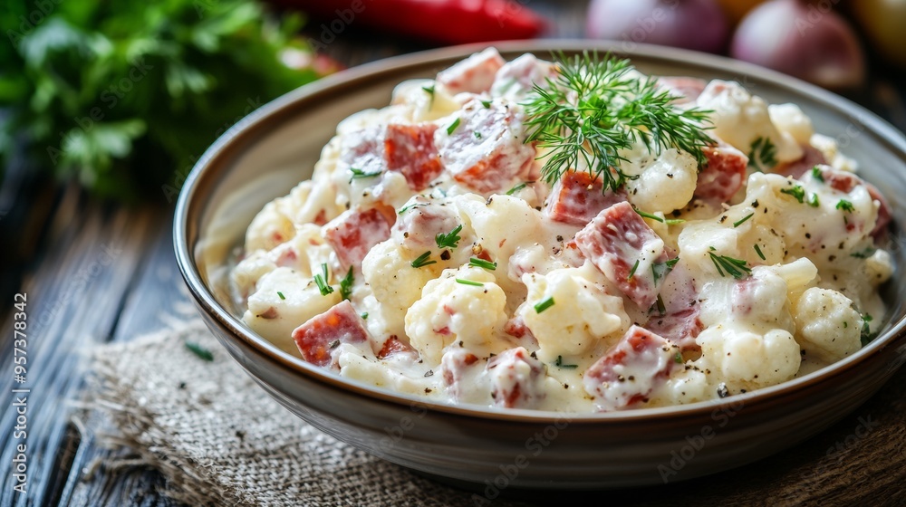 Hungarian national cuisine: Cauliflower salad with salami. Hungarian national cuisine: Cauliflower salad with salami.