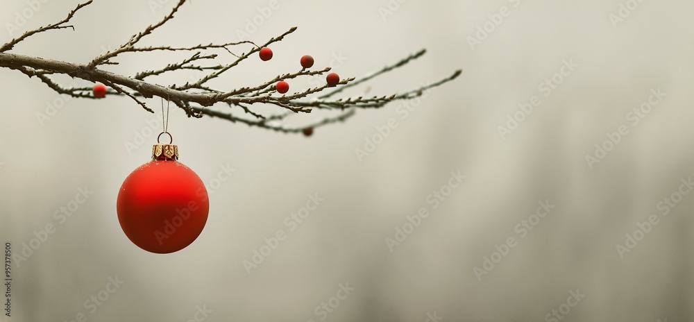 Red bauble on green branch, minimalist Christmas background, light grey, copyspace
Red bauble on green branch, minimalist Christmas background, light grey, copyspace