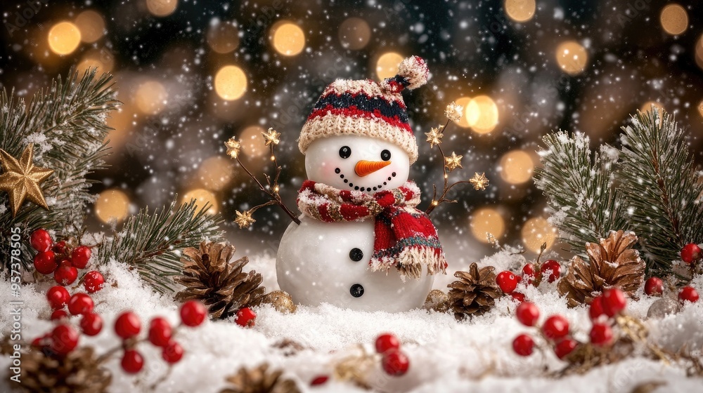 A joyful snowman stands proudly in a snowy scene, surrounded by bokeh Christmas lights, creating a warm and festive atmosphere at dusk A joyful snowman stands proudly in a snowy scene, surrounded by bokeh Christmas lights, creating a warm and festive atmosphere at dusk