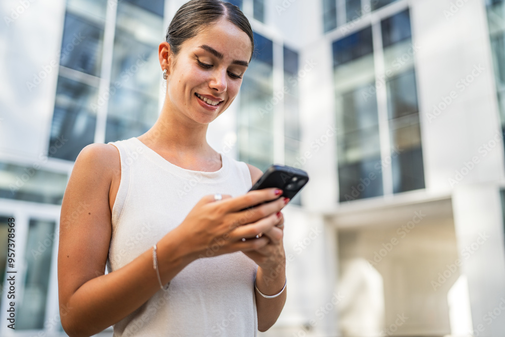 Young woman stand in front company building and use mobile phone Young woman stand in front company building and use mobile phone