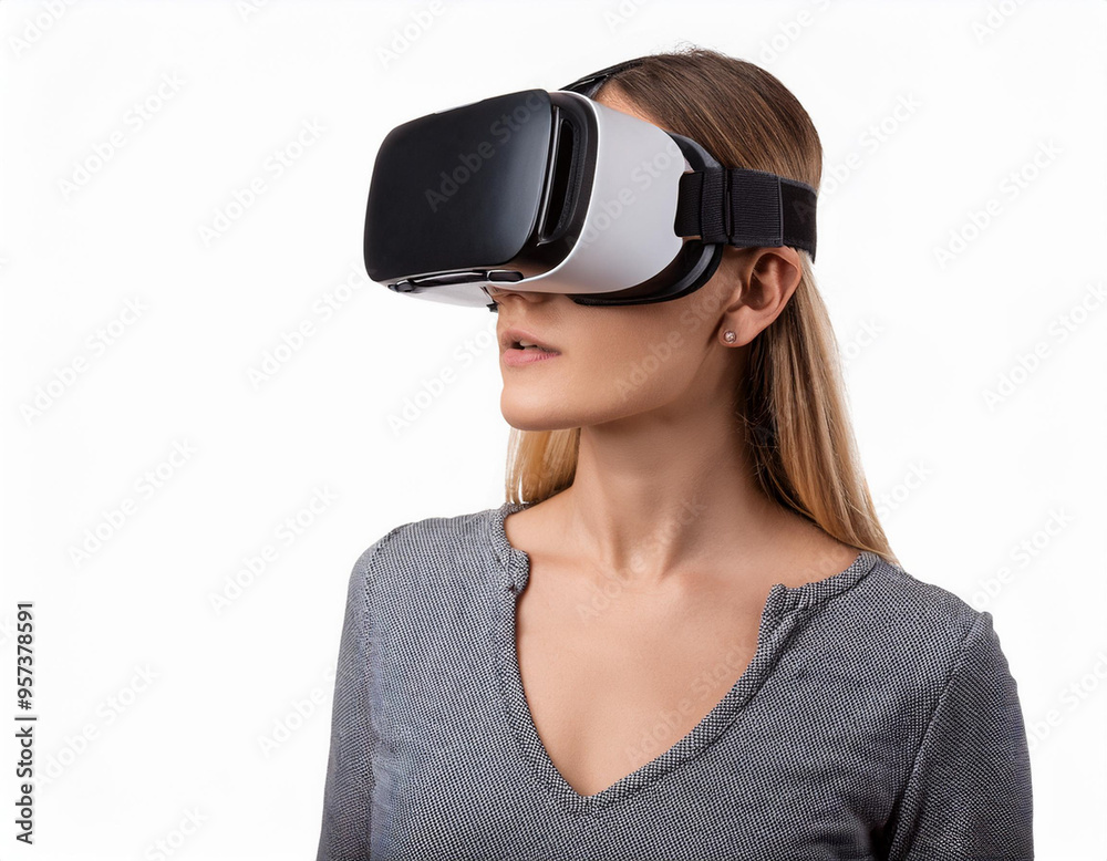 Portrait of a Woman Using VR Glasses Headshot Isolated on White Background with Copy Space Portrait of a Woman Using VR Glasses Headshot Isolated on White Background with Copy Space