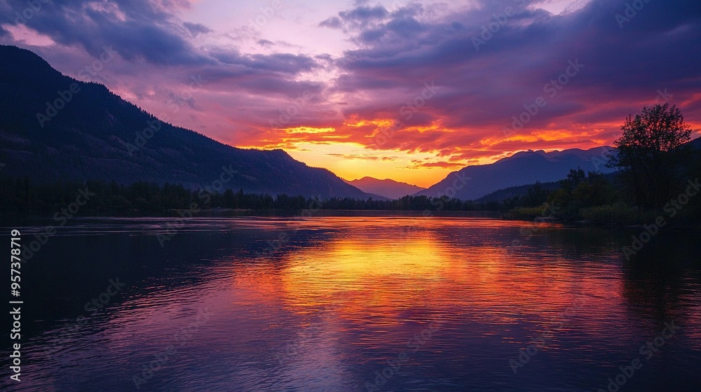 A picturesque scene featuring a majestic mountain range set against a vast expanse of water, all bathed in the golden hues of a breathtaking sunset A picturesque scene featuring a majestic mountain range set against a vast expanse of water, all bathed in the golden hues of a breathtaking sunset
