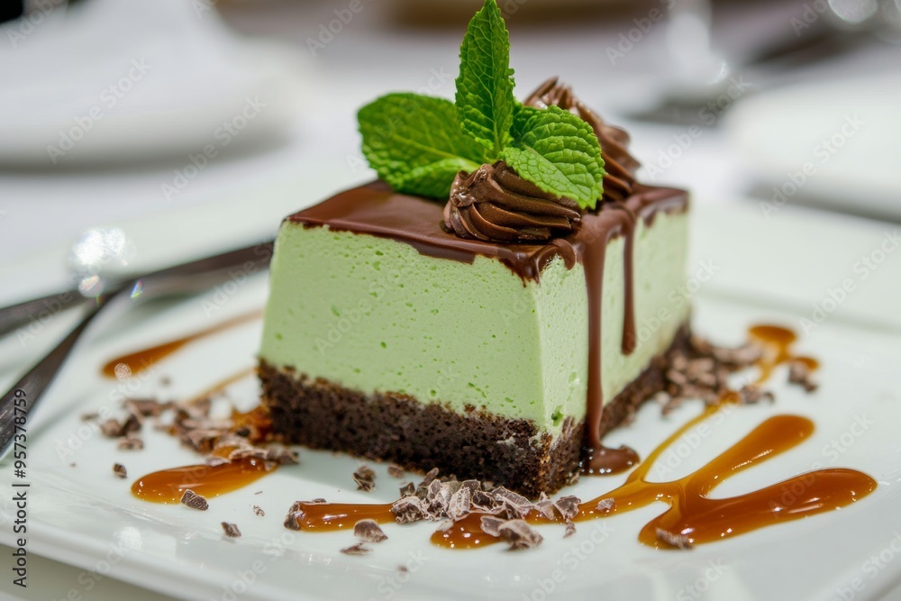 mint delicious dessert featuring Creme de Menthe, such as a mint flavored mousse or cake, beautifully plated with mint sprigs and a drizzle of chocolate or caramel sauce, on modern dessert table mint delicious dessert featuring Creme de Menthe, such as a mint flavored mousse or cake, beautifully plated with mint sprigs and a drizzle of chocolate or caramel sauce, on modern dessert table