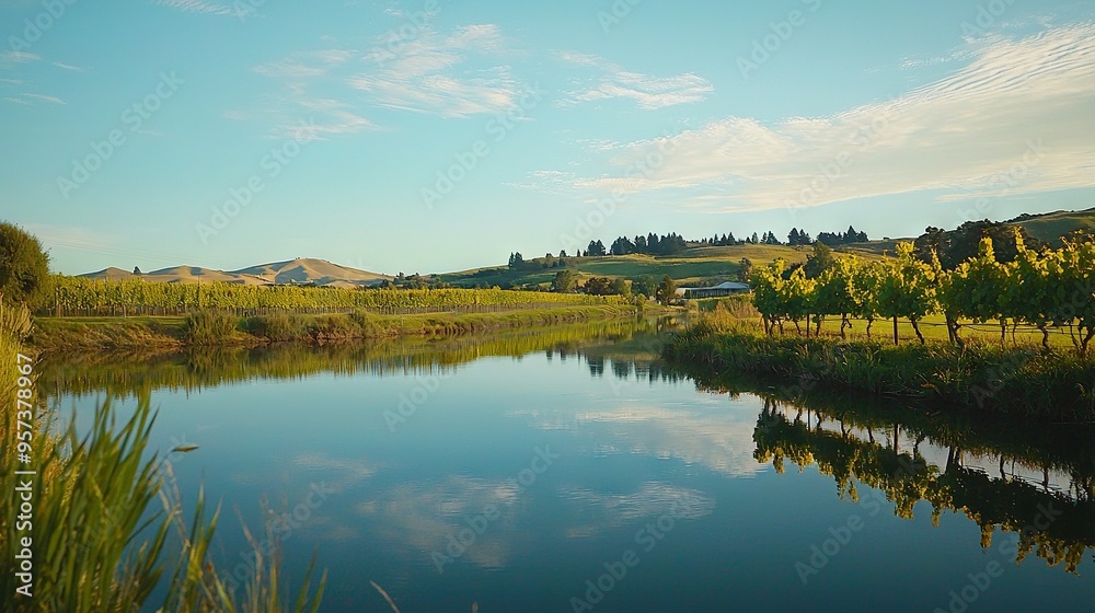 A vast expanse of water encircled by verdant fields and towering trees on either side A vast expanse of water encircled by verdant fields and towering trees on either side