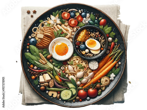 Vibrant assorted sushi platter with dipping sauce on a patterned plate. Vector, generative ai.