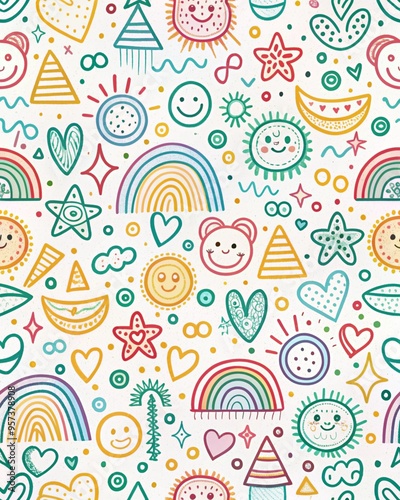 seamless pattern with cream. Fun colorful line doodle seamless pattern. Creative minimalist style art background for children or trendy design with basic shapes. Simple childish scribble backdrop.