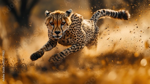 A cheetah sprinting after its prey in a burst of speed photo