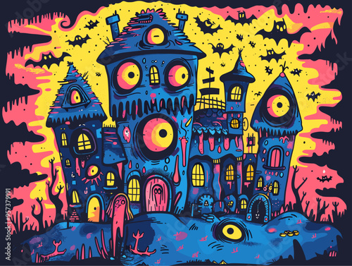 The Spine-Tingling Abode of Ghouls and Monsters: A Cartoon Canvas of Fear and Thrill