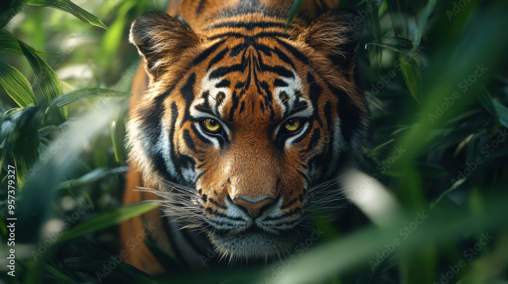 Fototapeta premium A close-up of a tiger with piercing eyes in the dense jungle