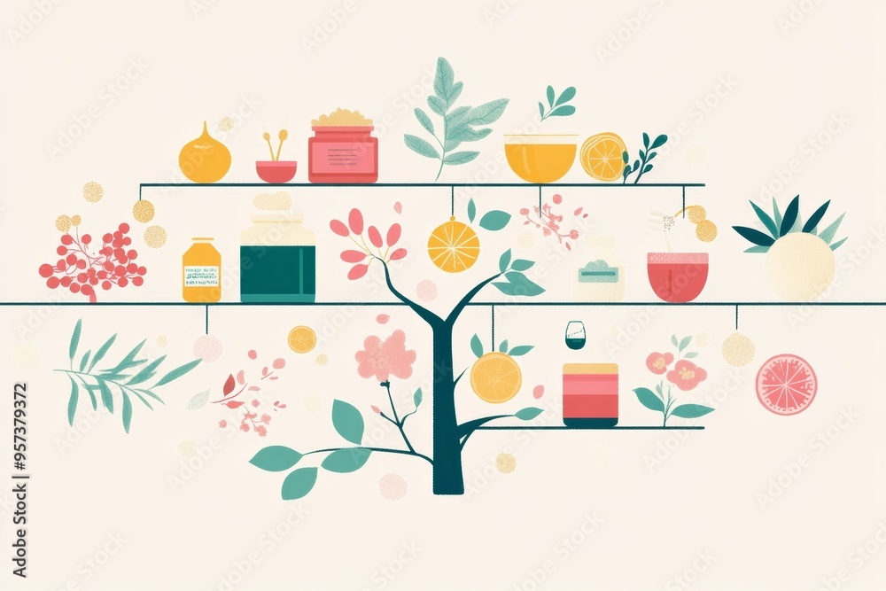 sensory experience chart representing different tastes (sweet, salty, sour, bitter, umami) and smells (spices, flowers, herbs), clean and minimal background flat illustration sensory experience chart representing different tastes (sweet, salty, sour, bitter, umami) and smells (spices, flowers, herbs), clean and minimal background flat illustration