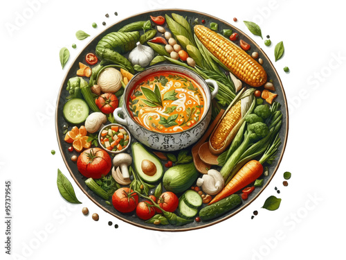 Vibrant assorted sushi platter with dipping sauce on a patterned plate. Vector, generative ai.