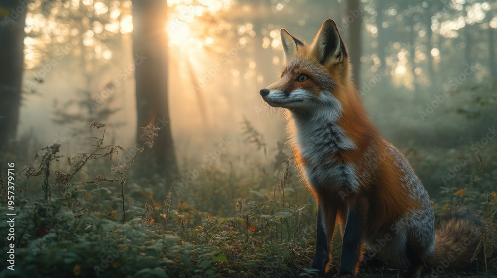 Obraz premium A curious fox exploring a misty woodland at dawn