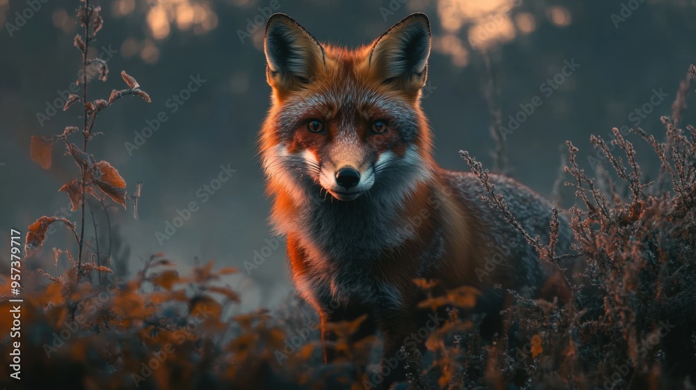 Naklejka premium A curious fox exploring a misty woodland at dawn