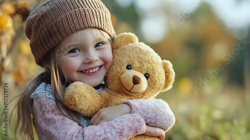 Happy Child Embracing Cute Teddy Bear Autumn Outdoors Smiling Joyful Warm Cozy