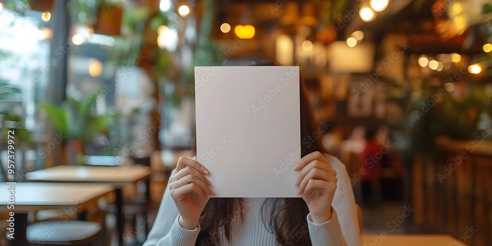 Female hands with blank menu on blurred cafe interior Female hands with blank menu on blurred cafe interior