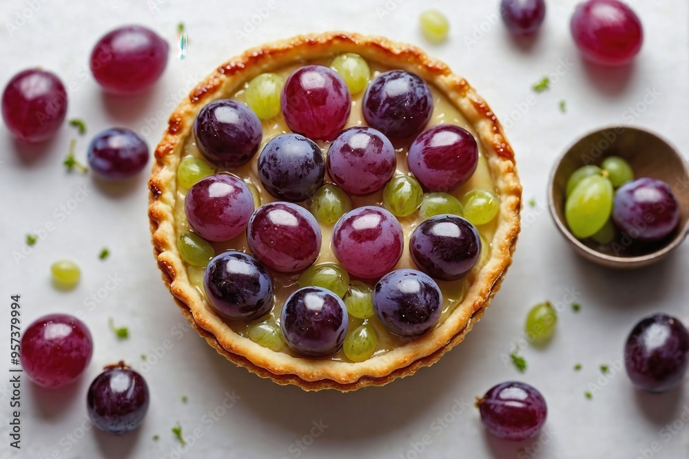 Grape Tarts: A mini grape tart placed on a plain white surface, with a few grape halves artistically scattered around. Grape Tarts: A mini grape tart placed on a plain white surface, with a few grape halves artistically scattered around.