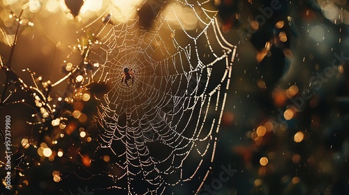   Spider web glistening with water droplets against sunlight on a tree