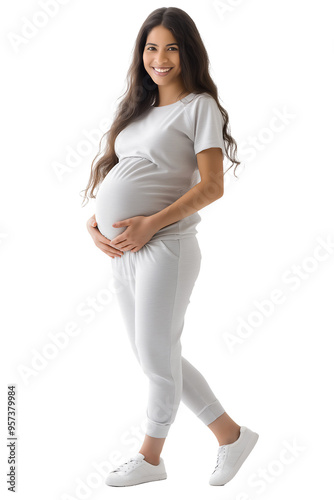 Full body view of young Hispanic pregnant woman dressed in white exercise clothes, isolated on png transparent background