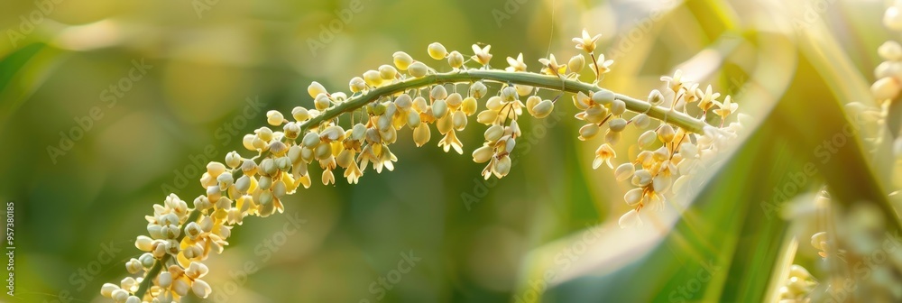Naklejka premium Delicate blooms of the male tassel of a corn plant during summer.