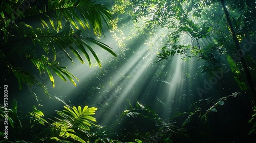  A lush forest brimming with verdant foliage and radiant sunbeams filtering through the canopy