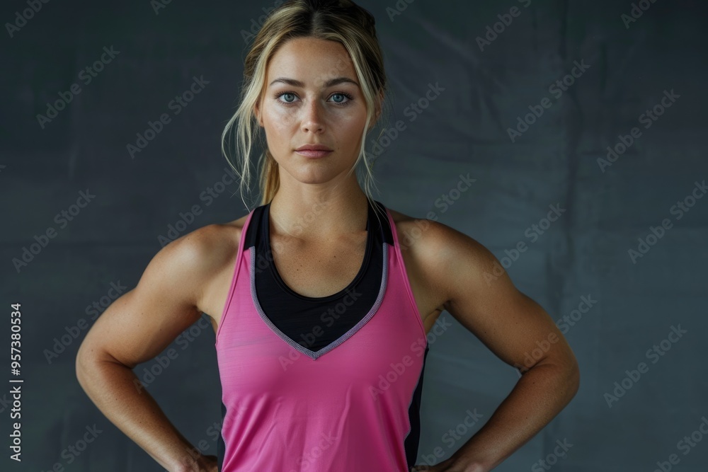 Confident athletic blond woman in studio portrait. Confident athletic blond woman in studio portrait.