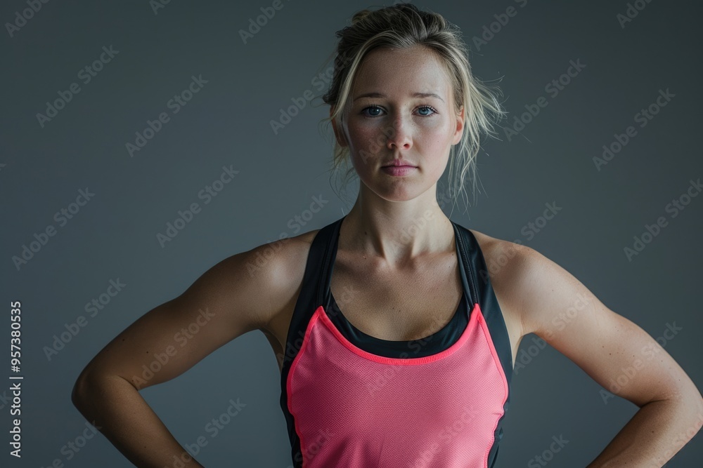 Confident athletic blond woman in studio portrait. Confident athletic blond woman in studio portrait.