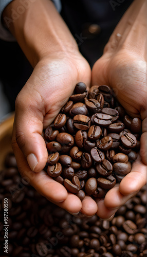 Hands holding Dark Roast coffee beans closeup Morning Beverage Drink Caffeine Addict Aroma Cafe Brew