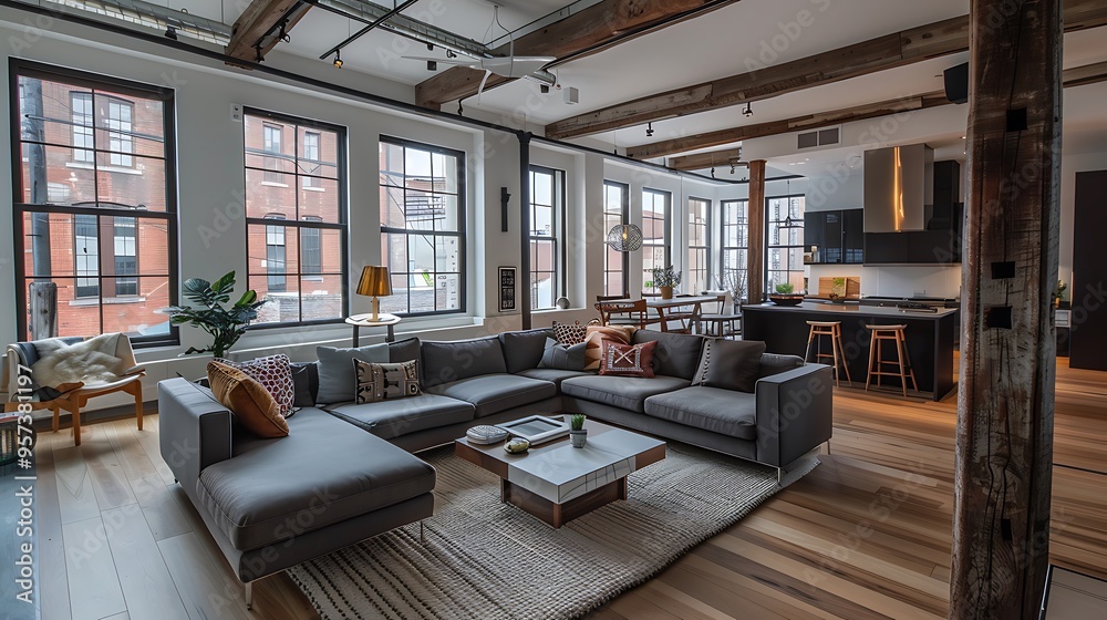 Custom crown molding in a chic loft with open beams and modern accents