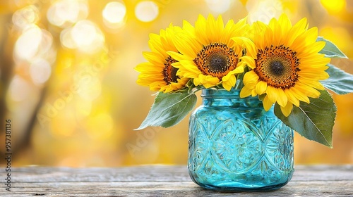   Blue vase, wooden table, sunflowers, blurry background