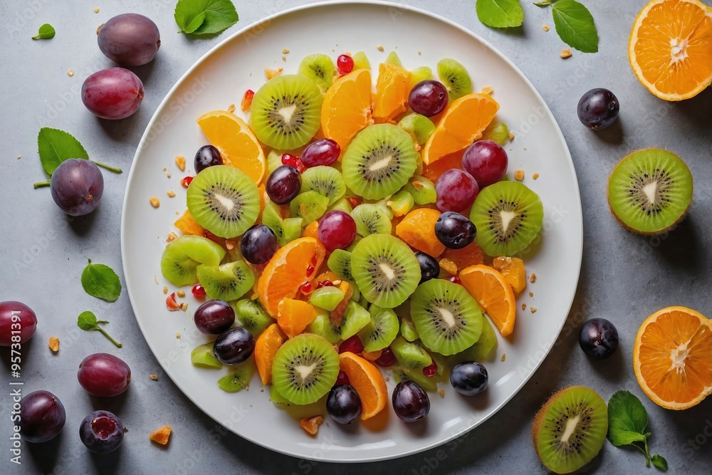 Kiwi Fruit Salad: Top-down shot of a minimalist fruit salad with vibrant green kiwi slices, orange wedges, and grapes on a plain white plate, with some fruit pieces scattered around Kiwi Fruit Salad: Top-down shot of a minimalist fruit salad with vibrant green kiwi slices, orange wedges, and grapes on a plain white plate, with some fruit pieces scattered around