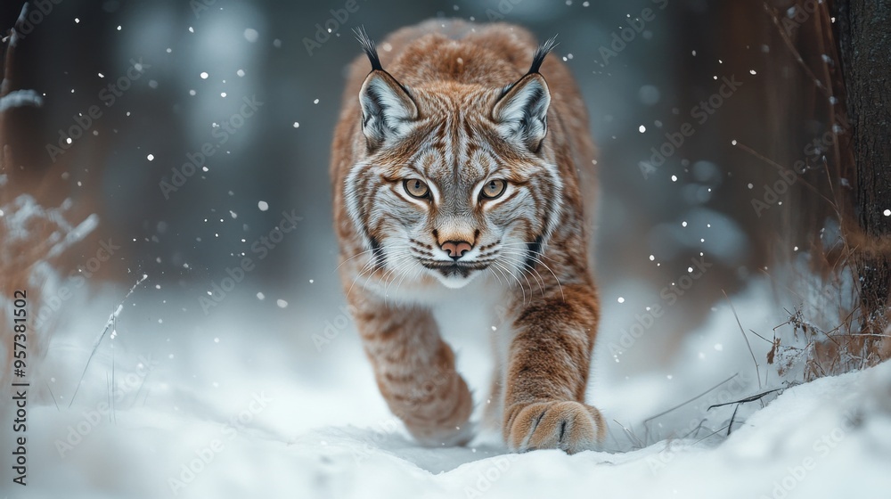 Fototapeta premium A lynx stalking through a snowy forest