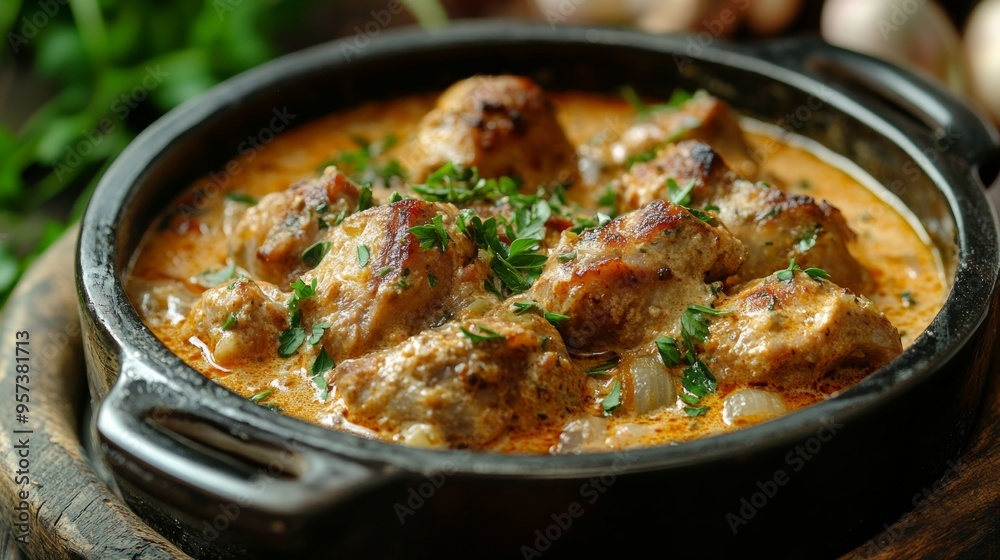 Hungarian national cuisine: Rabbit stewed in sour cream with herbs. Hungarian national cuisine: Rabbit stewed in sour cream with herbs.