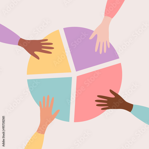 Hands of people of different nationalities and skin tones put together colored pieces of the diagram. Vector illustration in flat style