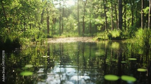   Pond in forest with lilies in foreground and trees in background