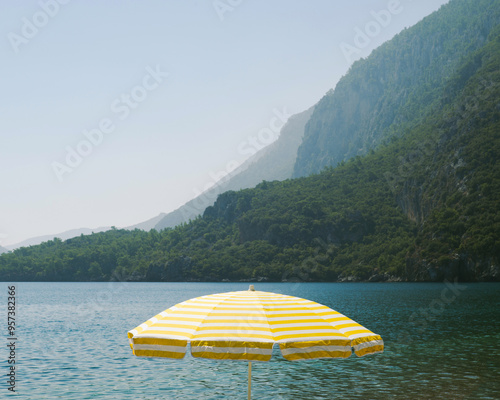A laconic landscape with bright  sun umbrellas on the beach.